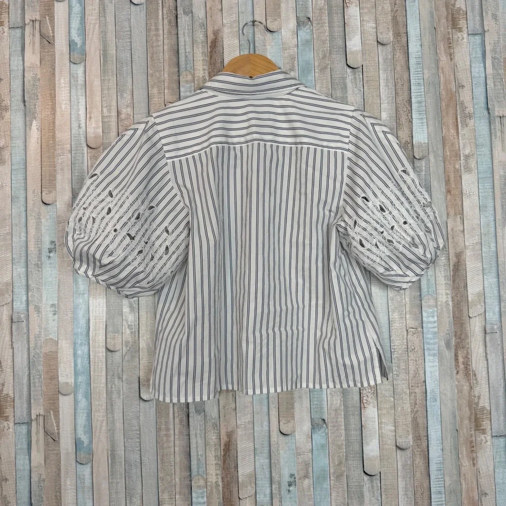 J Crew 6 Striped Cotton Poplin Eyelet Embroidered Puff Sleeve Shirt Top Button